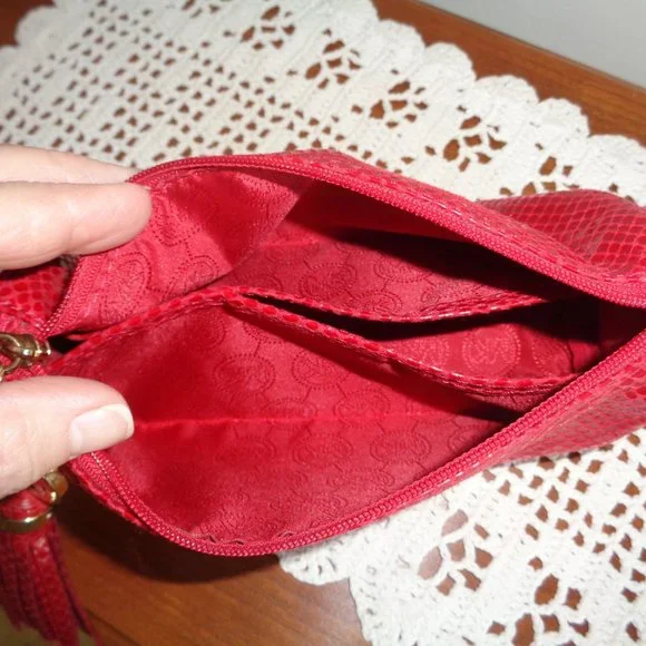 Michael Kors Clutch Evening Bag Cosmetic Case Make Up Pouch Red Snakeskin Look - Picture 10 of 12